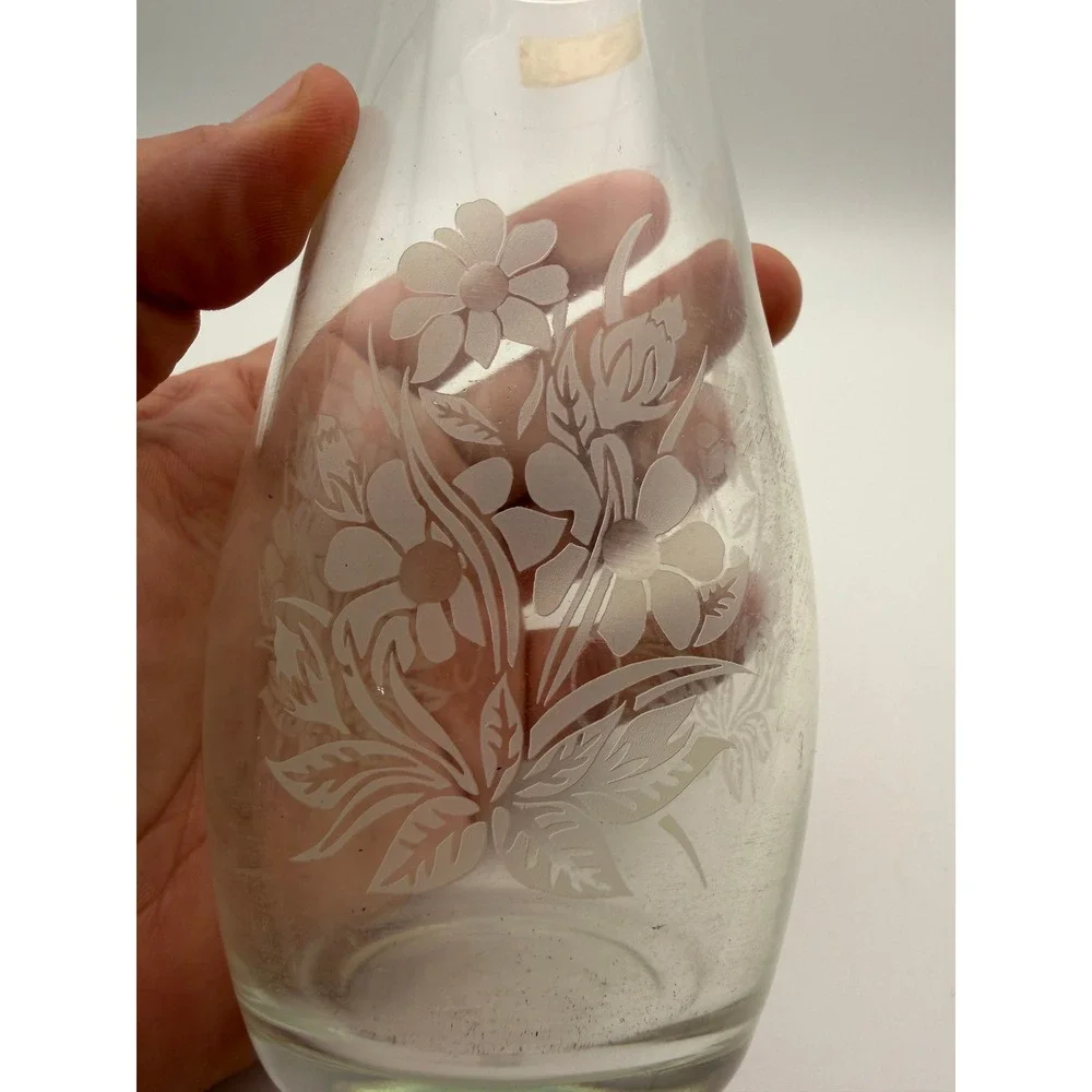 Pasabahce Turkey Frosted Floral Etched Clear Glass Vase Quality‎ Glass F306